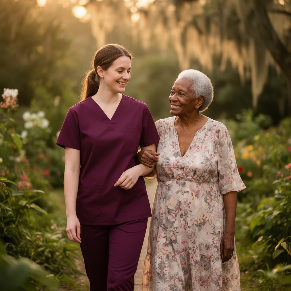 Caregiver walking arm-in-arm with an elderly woman along a sunlit Southern garden path