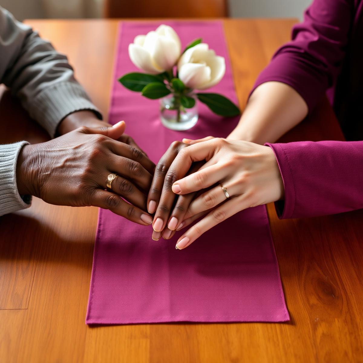 Three pairs of hands gently clasped together on a warm wooden table — values of dignity and connection