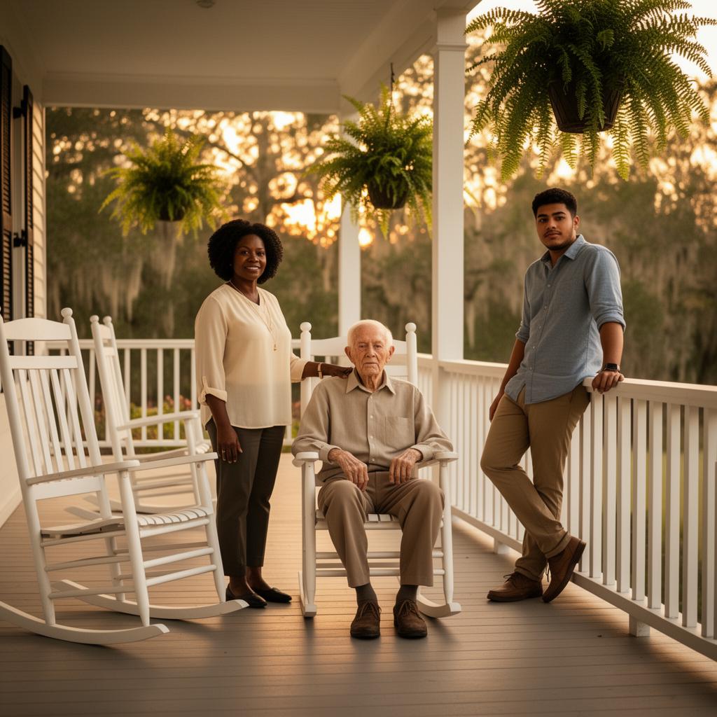 Multigenerational Southern family gathered on a warm front porch at golden hour