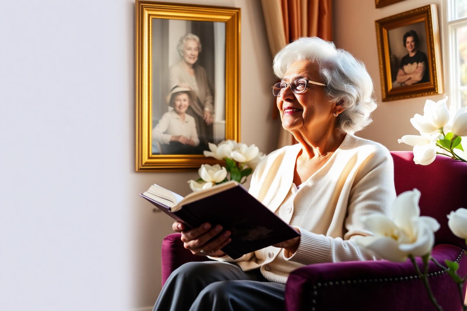 Elegant elderly woman in a sunlit reading nook with an open book, smiling warmly