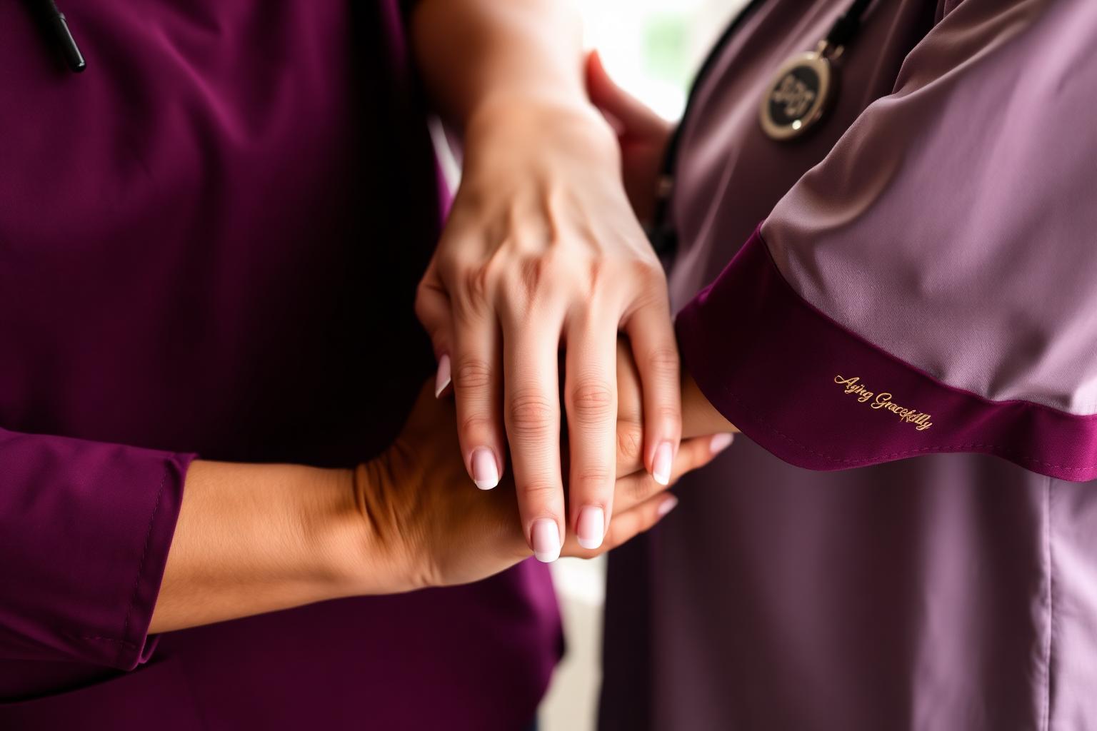 Caregivers' hands offering gentle support — the kind of work that changes lives