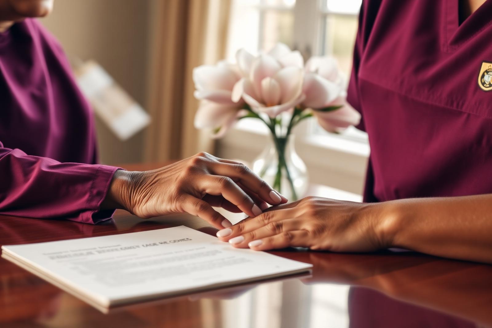 Caregiver's hand resting gently atop an elderly client's hand on a polished desk, beside a softly framed document
