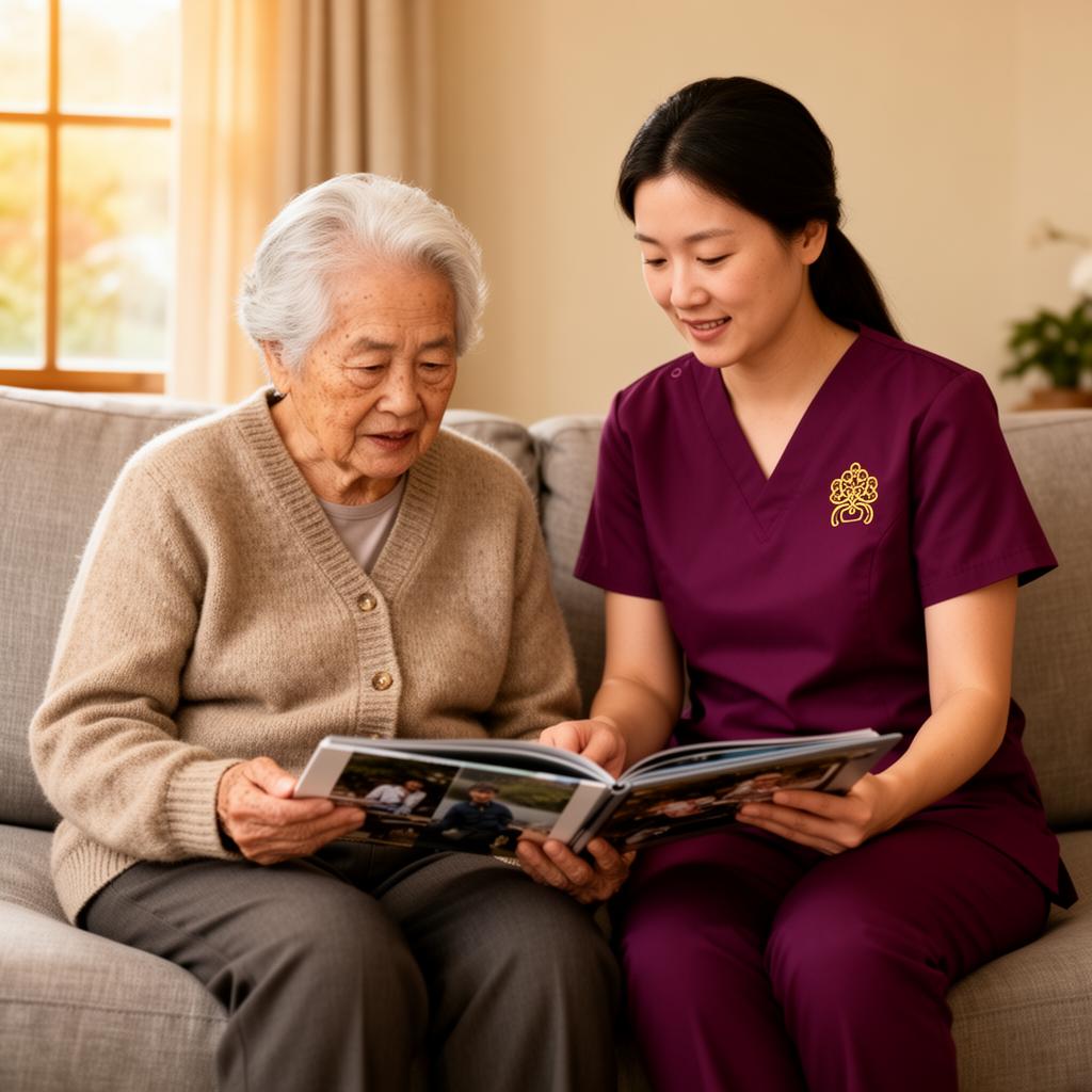 Specialty caregiver gently supporting a Baton Rouge senior living with Alzheimer's at home