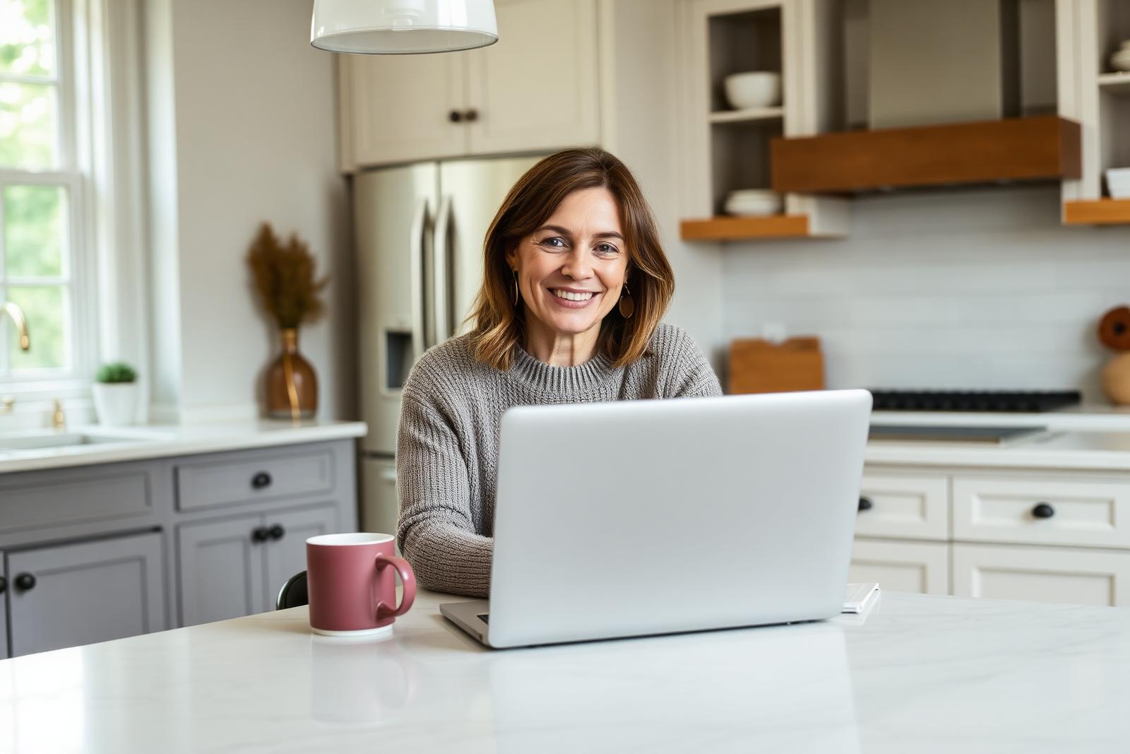 Adult daughter on a video call with her elderly mother from her bright kitchen island