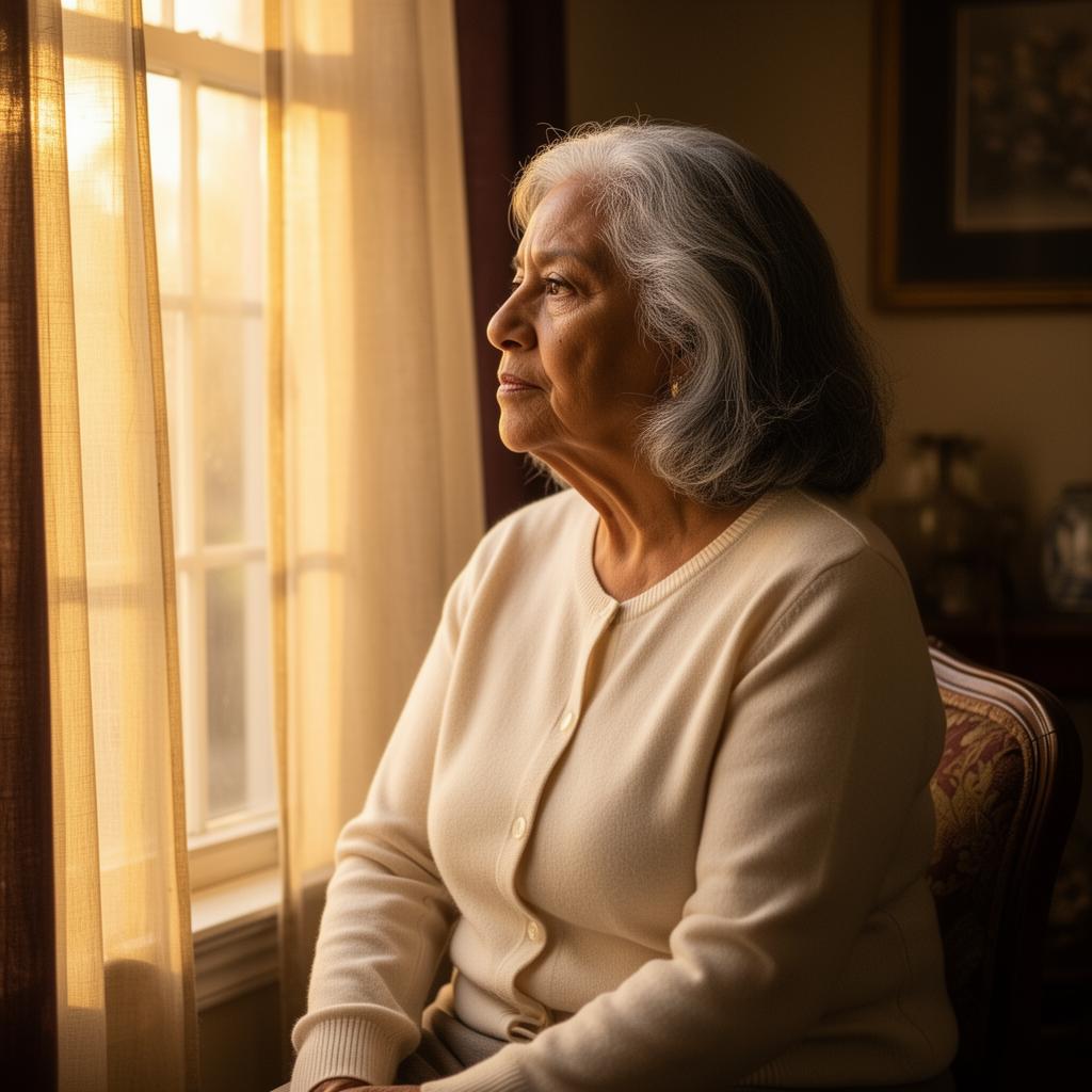 An elderly man looking thoughtfully out a window, contemplating his day