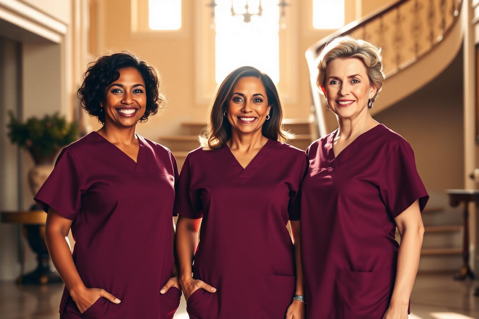 Three professional caregivers standing together in a warm Southern foyer, ready to serve