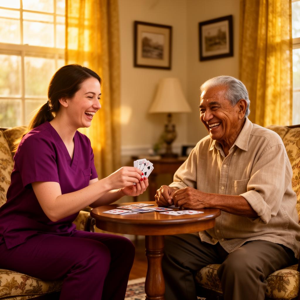 Home care companion sharing coffee and conversation with a senior at her Baton Rouge kitchen table