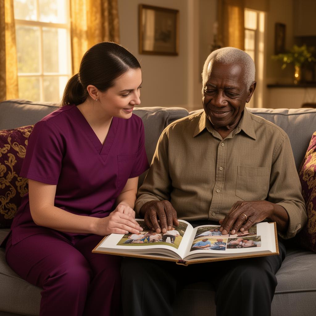 Memory care specialist gently guiding a Baton Rouge senior with Alzheimer's through a familiar afternoon routine