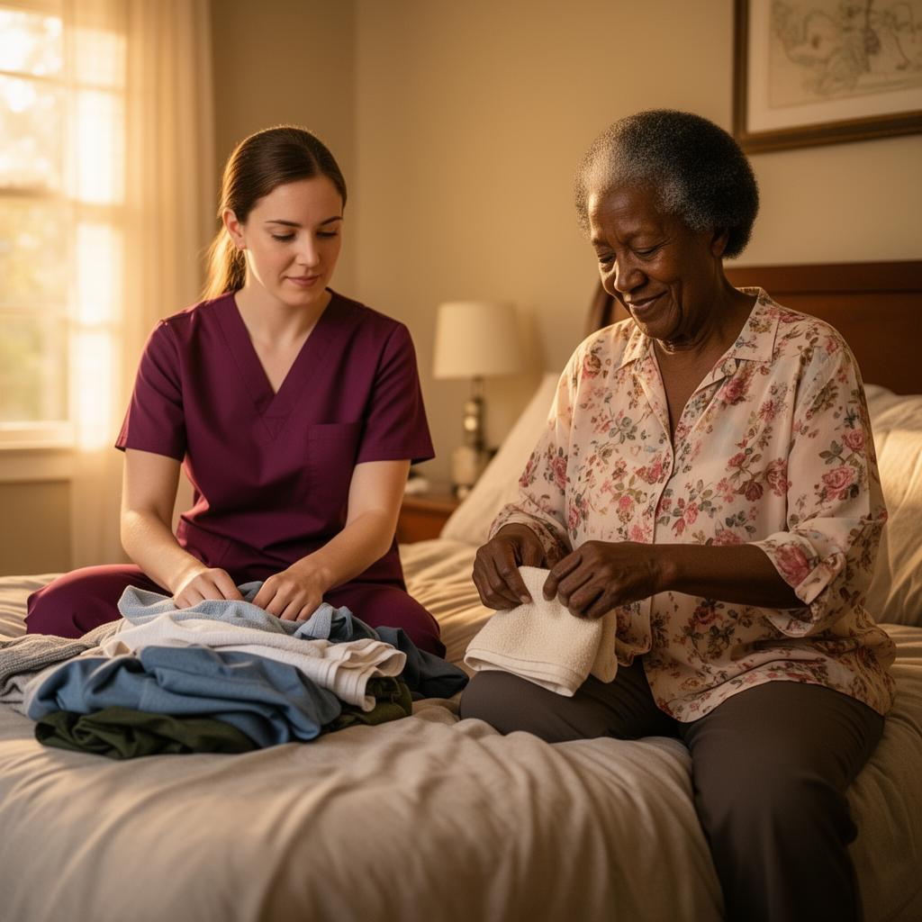 Homemaker caregiver folding laundry and tidying a senior's Baton Rouge living room