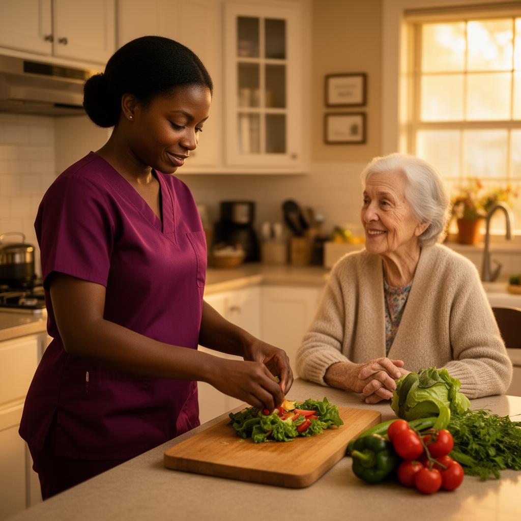 Home care aide preparing a warm Louisiana home-cooked meal for a senior in Baton Rouge