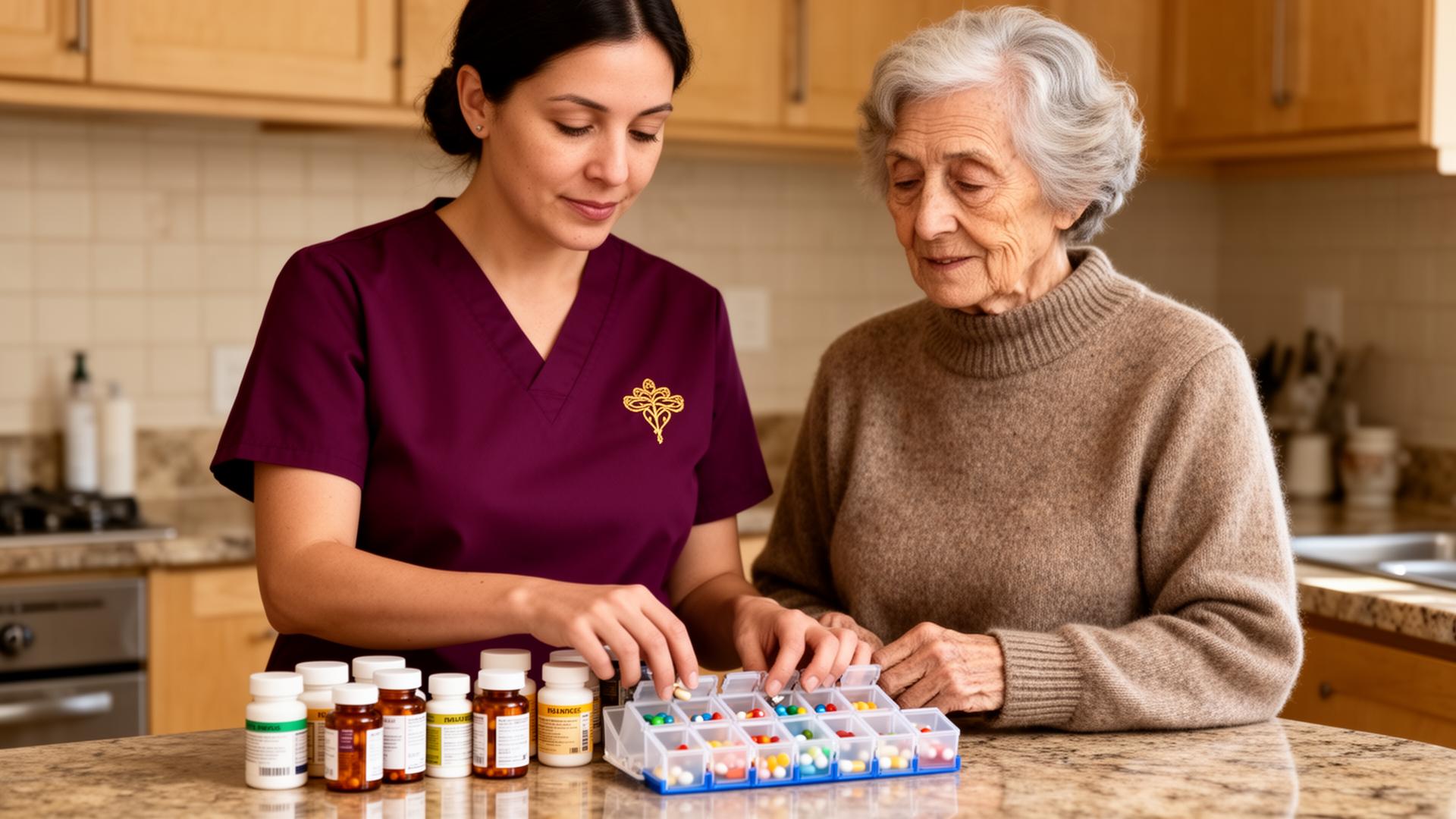 Caregiver reviewing a daily pillbox and medication schedule with a senior in their Baton Rouge kitchen