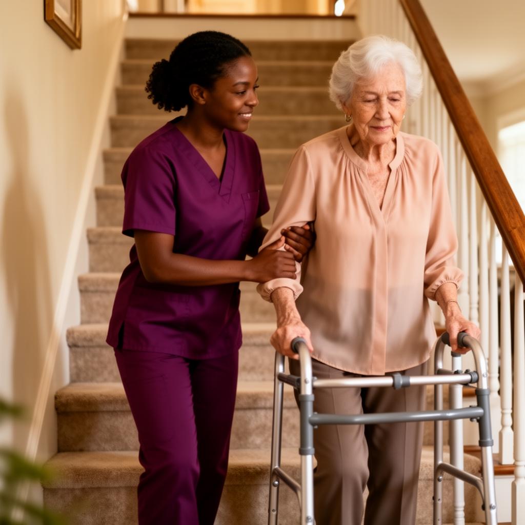 Home care aide steadying an elderly Baton Rouge woman as she walks safely through her living room