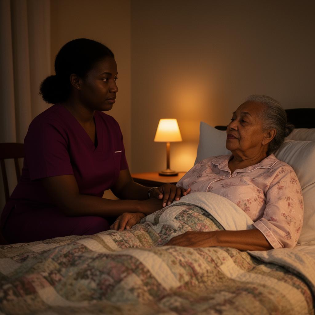 Overnight caregiver sitting calmly beside an elderly Baton Rouge man's bedside lamp