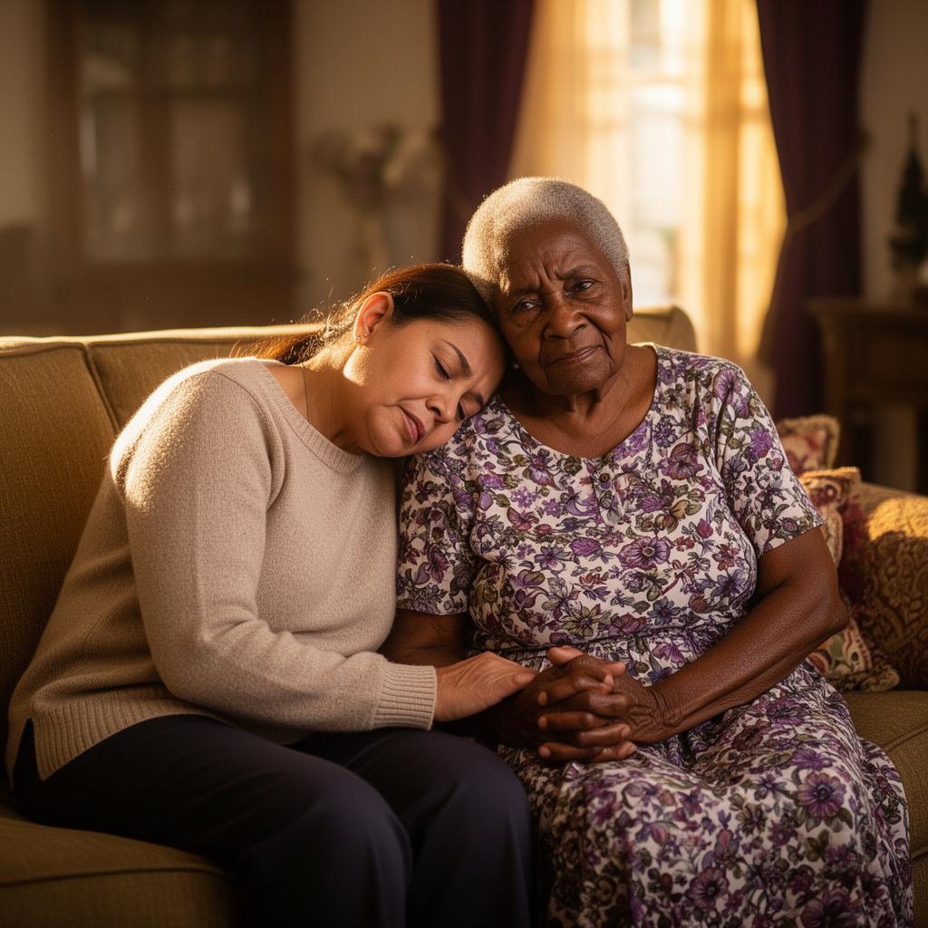 Family caregiver resting on the porch while a professional respite caregiver visits with her mother in Baton Rouge