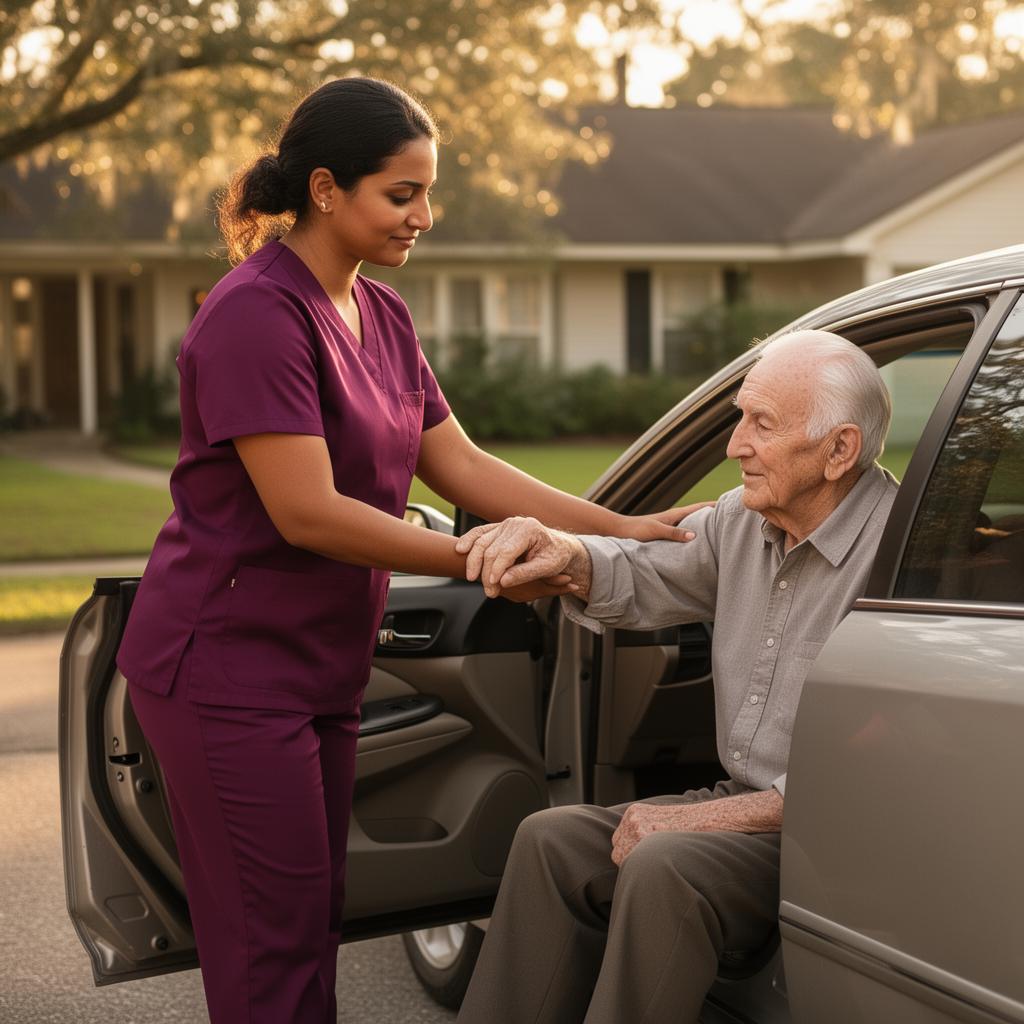Caregiver helping a Baton Rouge senior into the car for a doctor's appointment and errands