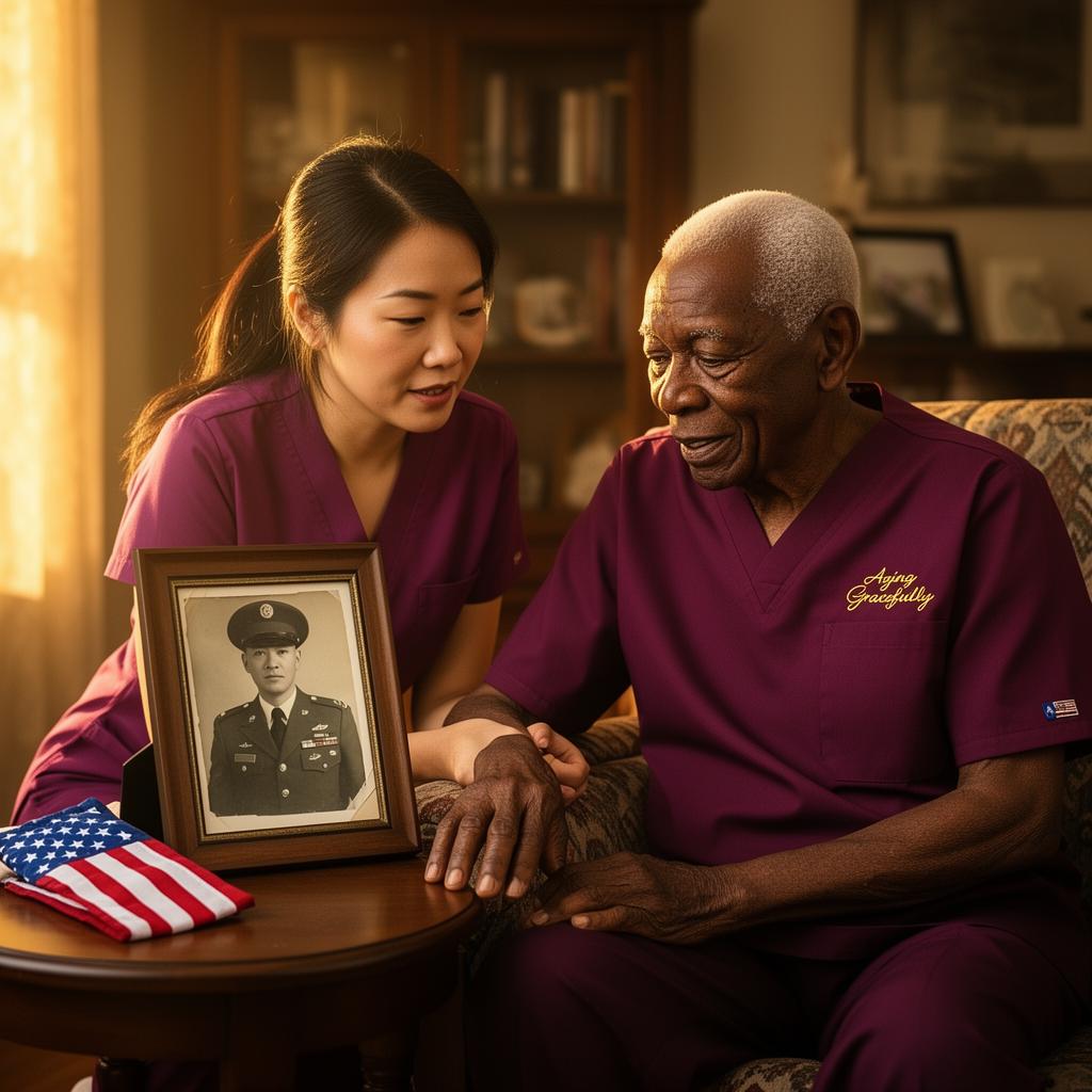 Home care companion sitting with a Baton Rouge veteran on the front porch of his home