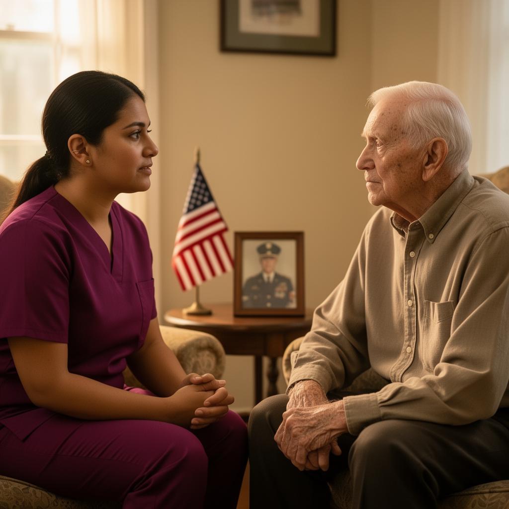 Trauma-informed caregiver speaking quietly with a Baton Rouge veteran living with PTSD in his living room